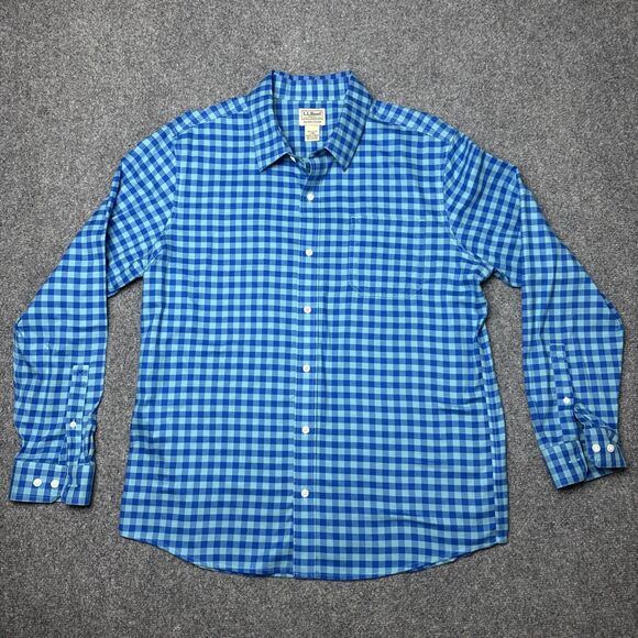 LL Bean Slightly Fitted Shirt Large Blue Checked Long Sleeve Button Men’s - Picture 2 of 5